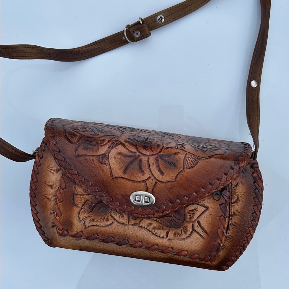 Vintage Floral Embossed Leather Crossbody Bag